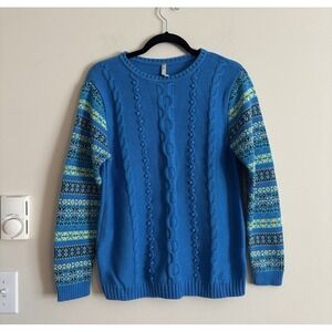 Hanna Andersson Womens Cable Knit Sweater Medium Blue Yellow Cotton Chunky